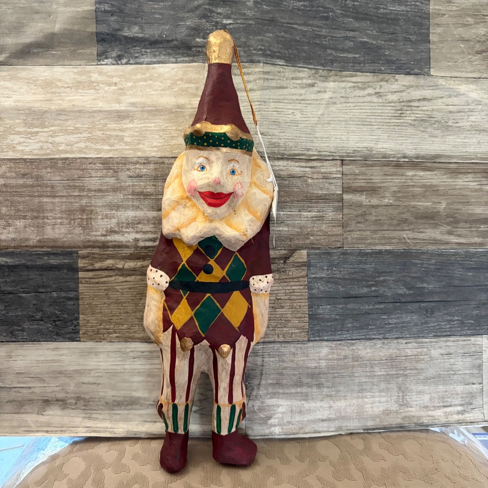 Gallerie II Papier Mache Clown Ornament Harlequin Jester Burgundy Gold Green